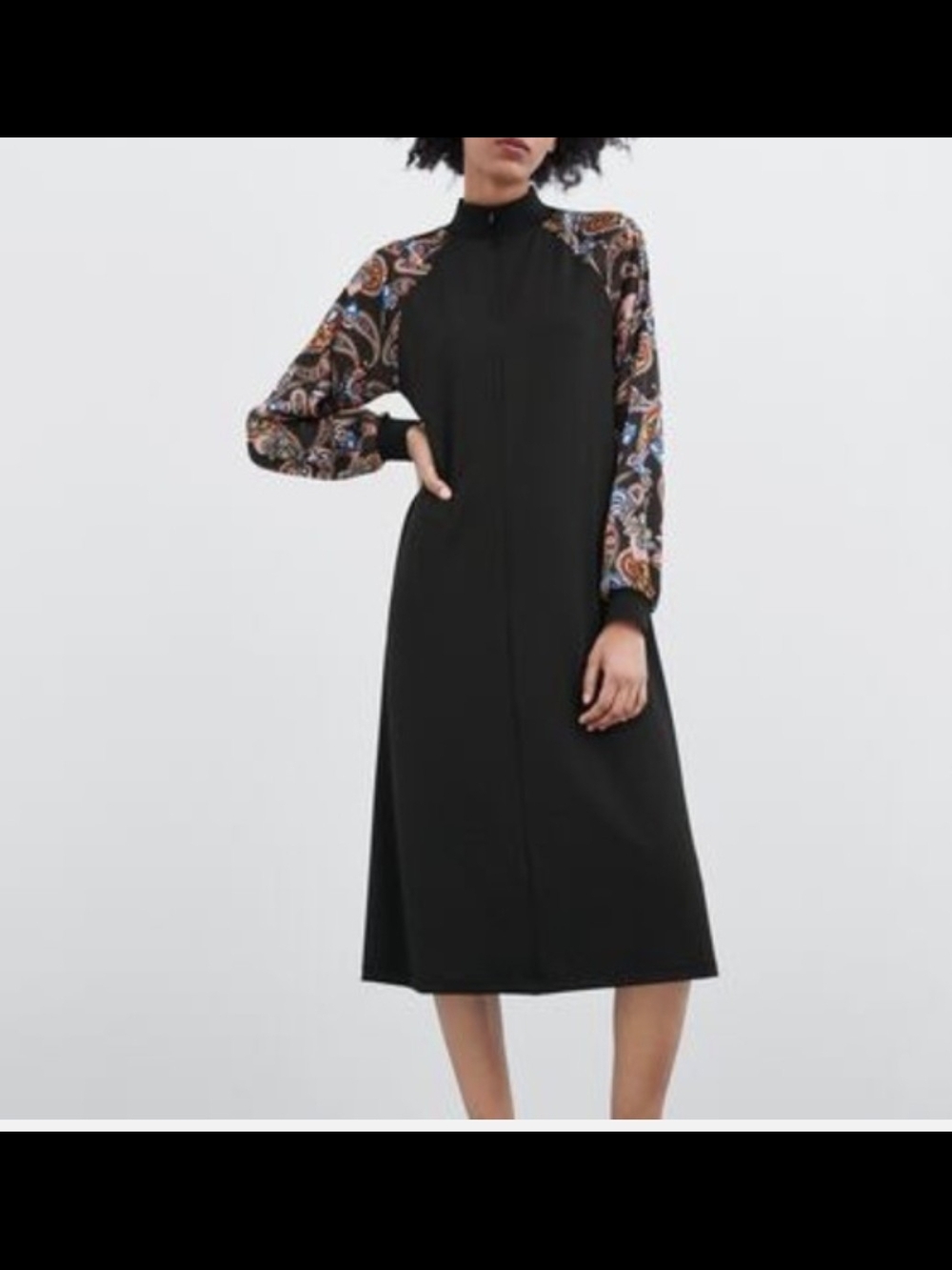 Zara Black Bohemian Flow Dress – Elegant High Neck Midi, Size S/M